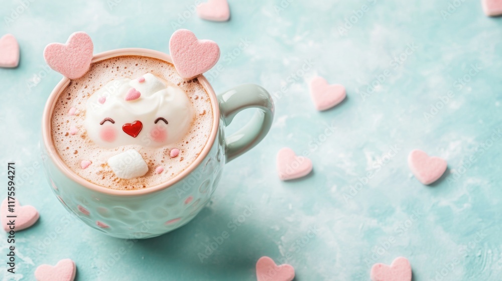 Cute bird mug of coffee with marshmallows. Banner with place for text. Cosy season sweet drink cup. Friendship or love concept greeting card. Cute bird mug of coffee with marshmallows. Banner with place for text. Cosy season sweet drink cup. Friendship or love concept greeting card.