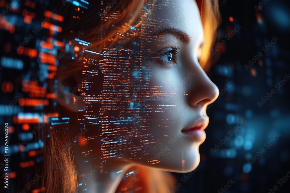 A woman in front of a digital interface with blue and orange lights symbolizing technology, human interaction with AI and virtual systems. A woman in front of a digital interface with blue and orange lights symbolizing technology, human interaction with AI and virtual systems.