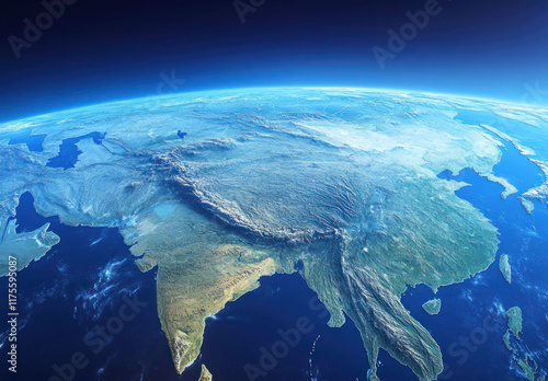 Spectacular Stylized Earth View against Space Backdrop, Artistic Realism with Detailed Terrain and Impressionistic Color Washes, Rich Topography and Atmospheric Transition from Deep to Pale Blue