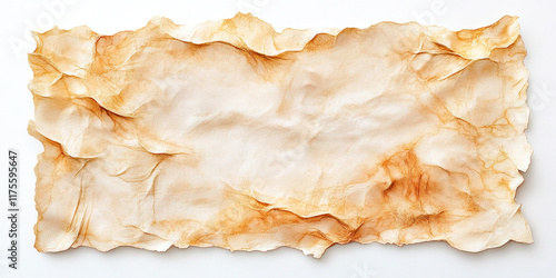 Weathered Parchment Art Piece with Irregular Ragged Edges, Muted Warm Tones of Browns and Beiges, Heavily-Worn Aged Texture Resembling Historical Manuscript, Centrally Positioned on Stark White Backgr