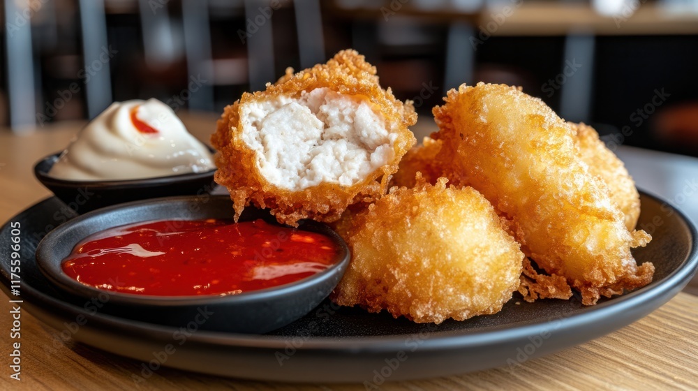 Crispy Fried Chicken Bites Served with Tangy Dipping Sauces on a Stylish Black Plate in a Modern Restaurant Setting Crispy Fried Chicken Bites Served with Tangy Dipping Sauces on a Stylish Black Plate in a Modern Restaurant Setting