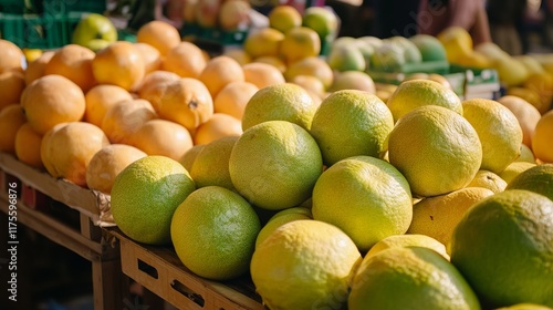 A large, citrus fruit with thick, pale green to yellow skin and a light pink to red juicy pulp. Native to Southeast Asia, pomelos are a good source of vitamin C and antioxidants.  photo