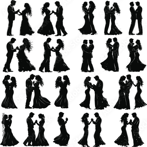Romantic couple in various poses silhouettes collection set. Couple falling in love different poses isolated on white background silhouette set., Cute couple dancing , Young couples silhouette dancing