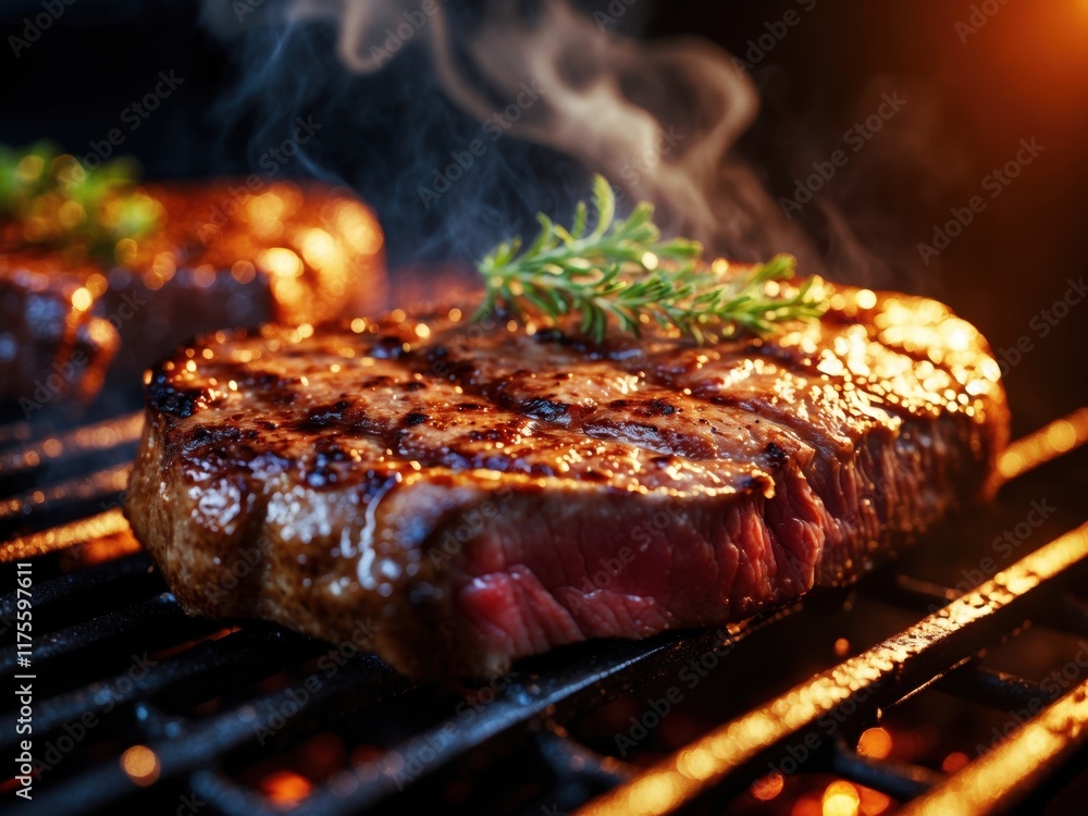 Grilling juicy steak on a barbecue with herbs under evening light in a backyard setting Grilling juicy steak on a barbecue with herbs under evening light in a backyard setting