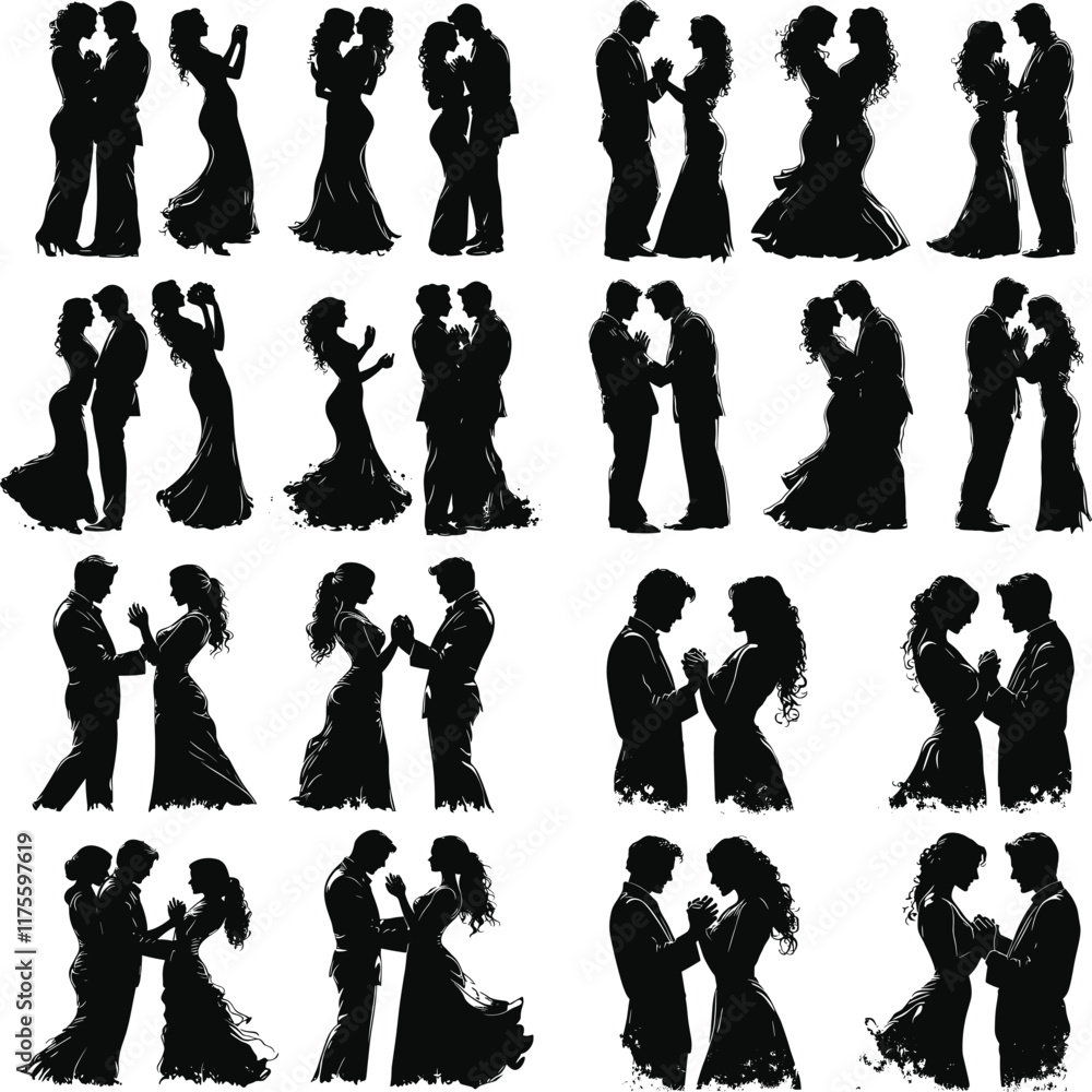Romantic couple in various poses silhouettes collection set. Couple falling in love different poses isolated on white background silhouette set., Cute couple dancing , Young couples silhouette dancing Romantic couple in various poses silhouettes collection set. Couple falling in love different poses isolated on white background silhouette set., Cute couple dancing , Young couples silhouette dancing