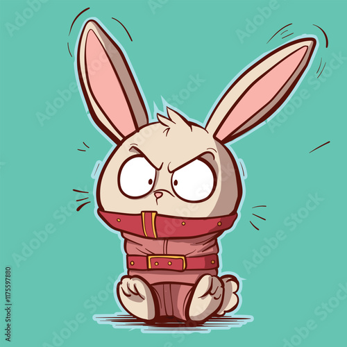 Cartoon angry bunny in a straitjacket. Asylum insane bunny being aggresive while being restricted.