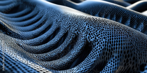 Stylized Textured Waves for Digital Art Installations, 3D Animation Backgrounds, and Modern Interior Design, Blue-Toned Mesh and Reflective Surface Ideal for Creating Fluid, Organic-Mechanical Visual 