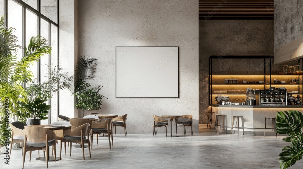 Modern Cafe Interior Design with Plants and Blank Canvas
