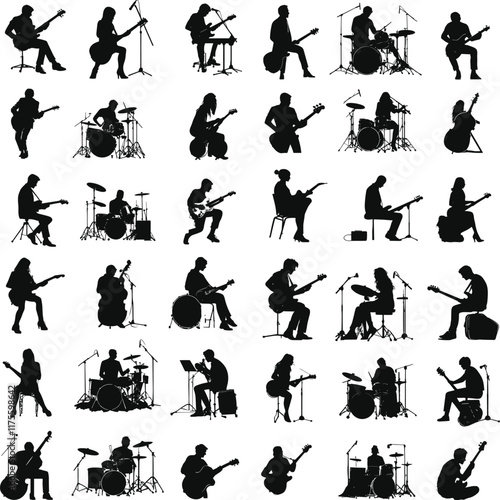 Group of musicians playing different musical instruments black silhouettes set collection, silhouettes of musician