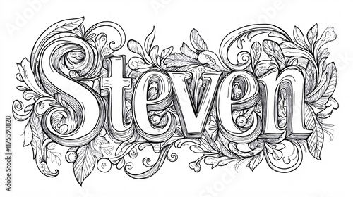 A decorative black and white typography of the name Steven with elegant floral and swirl embellishments in a hand-drawn artistic style
