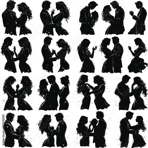 Romantic couple in various poses silhouettes collection set. Couple falling in love different poses isolated on white background silhouette set., Cute couple dancing , Young couples silhouette dancing