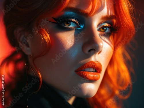 Striking beauty with vibrant orange hair and bold makeup illuminated by dramatic lighting in a close-up shot photo