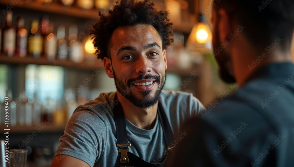 Fototapeta premium Smiling bartender engages in friendly conversation at local bar