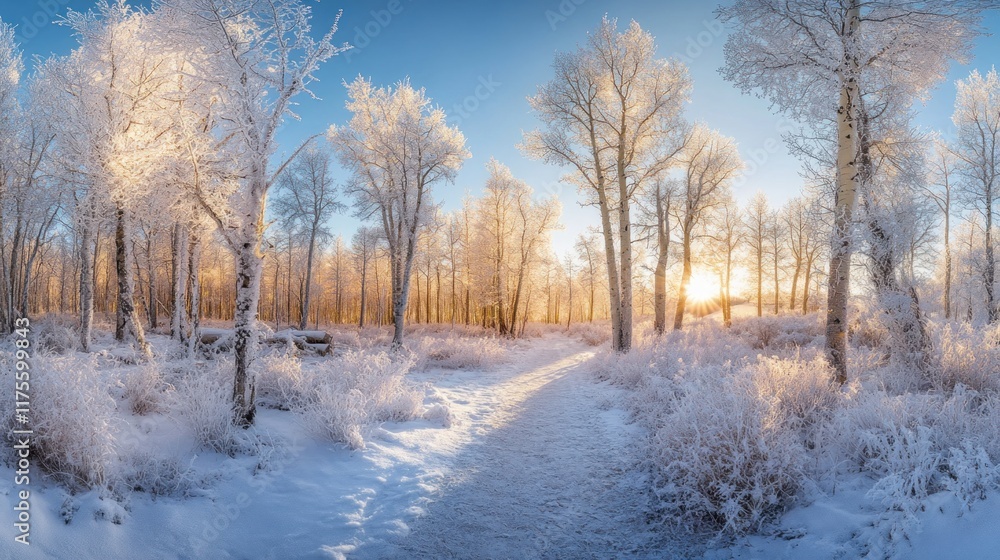 A serene winter landscape with frosty trees and a sunlit path. A serene winter landscape with frosty trees and a sunlit path.