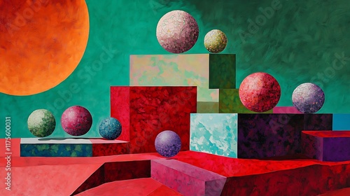 Artistic arrangement of colorful geometric spheres layered on platforms in red and green background