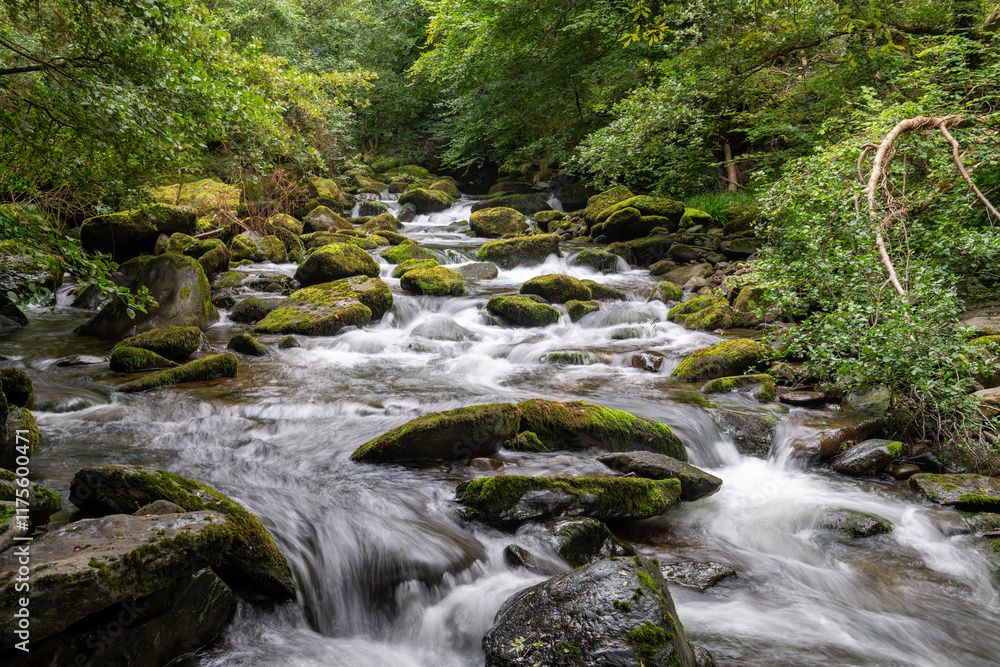 Obraz premium Long exposure of a waterfall on the East Lyn river at Watersmeet in Exmoor National Park