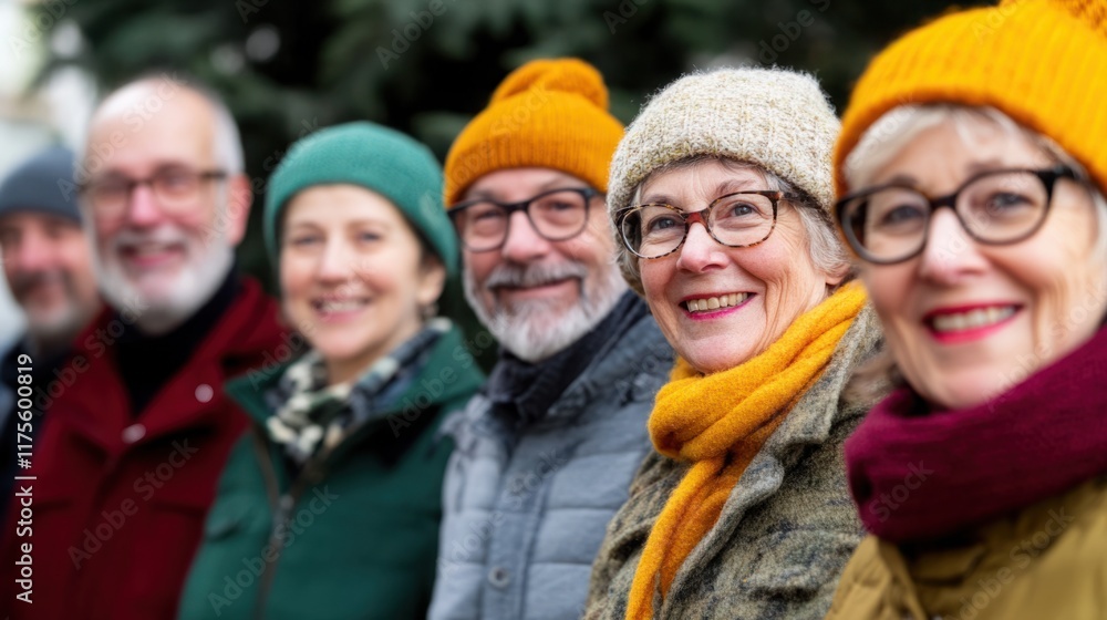 A joyful group of mature adults wearing colorful winter hats and scarves, smiling brightly during a chilly outdoor gathering in a park setting showcasing their vibrant camaraderie. A joyful group of mature adults wearing colorful winter hats and scarves, smiling brightly during a chilly outdoor gathering in a park setting showcasing their vibrant camaraderie.