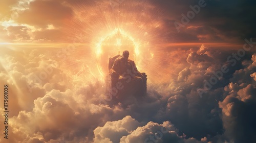 Majestic Figure Enthroned Amidst Heavenly Clouds and Radiant Light