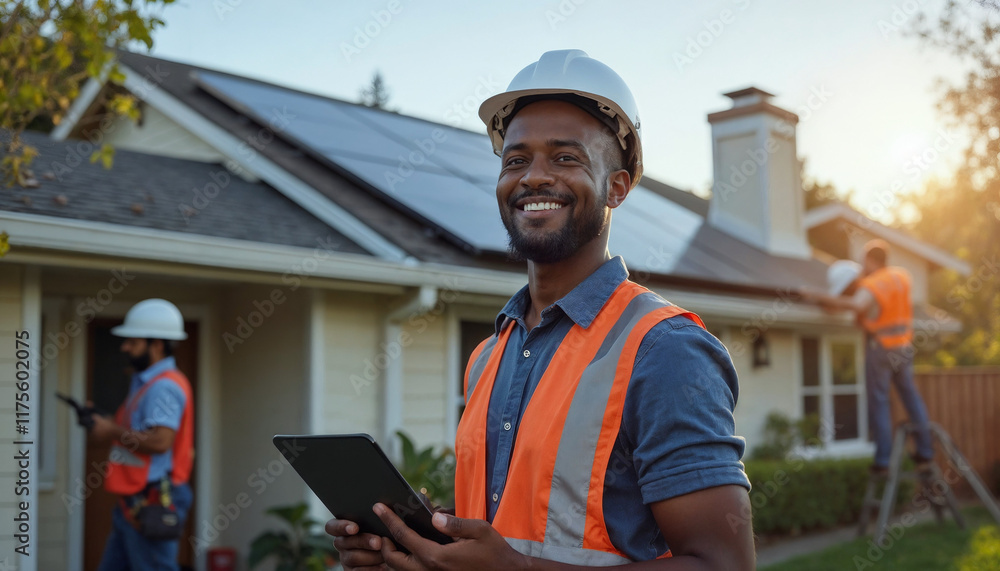 Fototapeta premium Skilled workers installing solar panels on a residential roof
