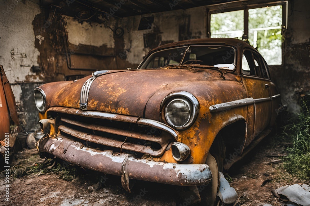An old abandoned car, rusty and decayed, in garage. An old abandoned car, rusty and decayed, in garage.