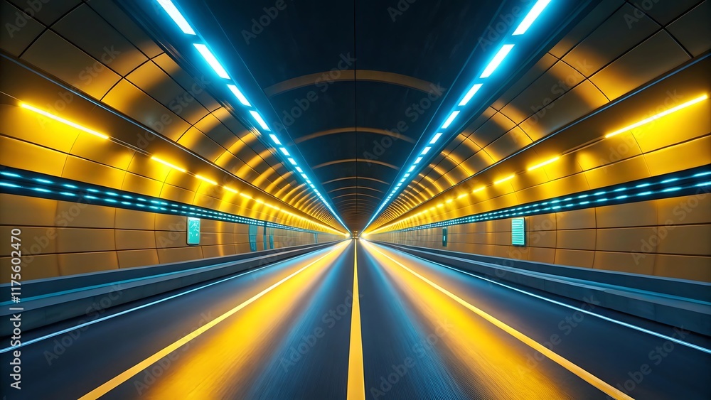 Neon Yellow and Blue Futuristic Tunnel Representing Advanced Transportation and Technological Innovation Neon Yellow and Blue Futuristic Tunnel Representing Advanced Transportation and Technological Innovation