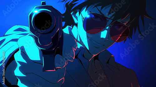 Mysterious dark evil anime male glowing glasses pointing the gun portrait photo