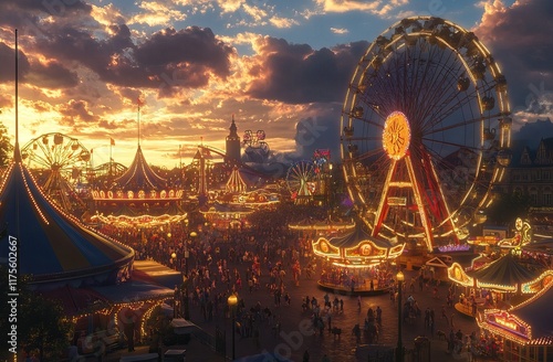 Amusement Park. Bright carnival scenes with cheerful crowds enjoying rides and vibrant attractions, AI generated image photo