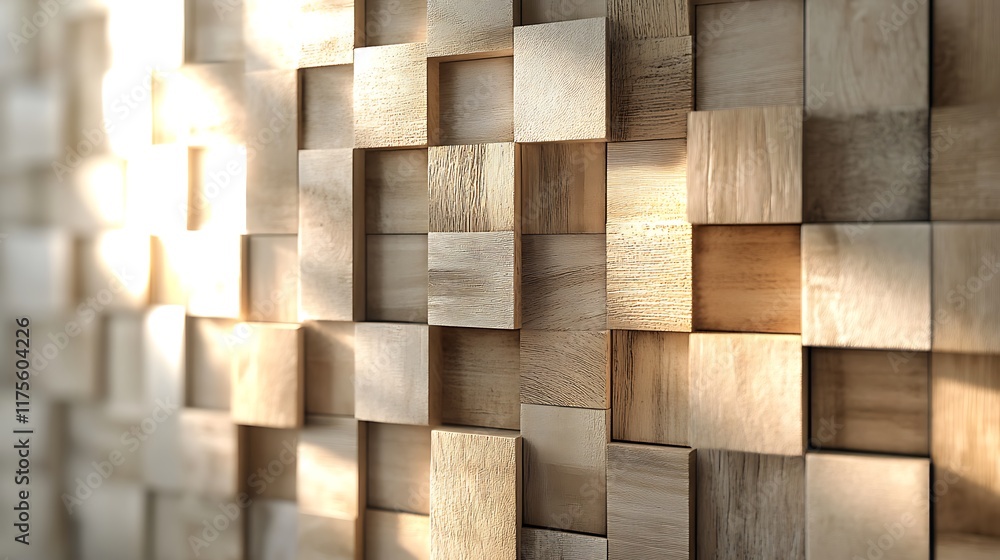 3D tile design with timber wall squares and soft light reflective finish 3D tile design with timber wall squares and soft light reflective finish