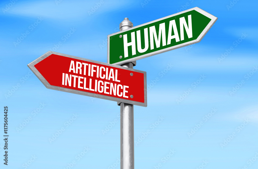 Artificial Intelligence Vs Human written on a signboard with green and red color, blue sky in the backdrop. Human vs AI concept design background Artificial Intelligence Vs Human written on a signboard with green and red color, blue sky in the backdrop. Human vs AI concept design background