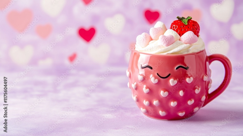 Cute Strawberry mug of coffee with marshmallows. Banner with place for text. Cosy season sweet drink cup. Friendship or love concept greeting card. Cute Strawberry mug of coffee with marshmallows. Banner with place for text. Cosy season sweet drink cup. Friendship or love concept greeting card.