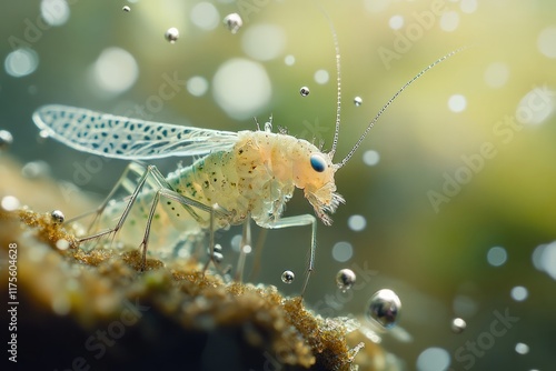 A macro shot of a mayfly nymph clinging to a submerged rock, its translucent body blending into the underwater habitat with tiny air bubbles around it photo