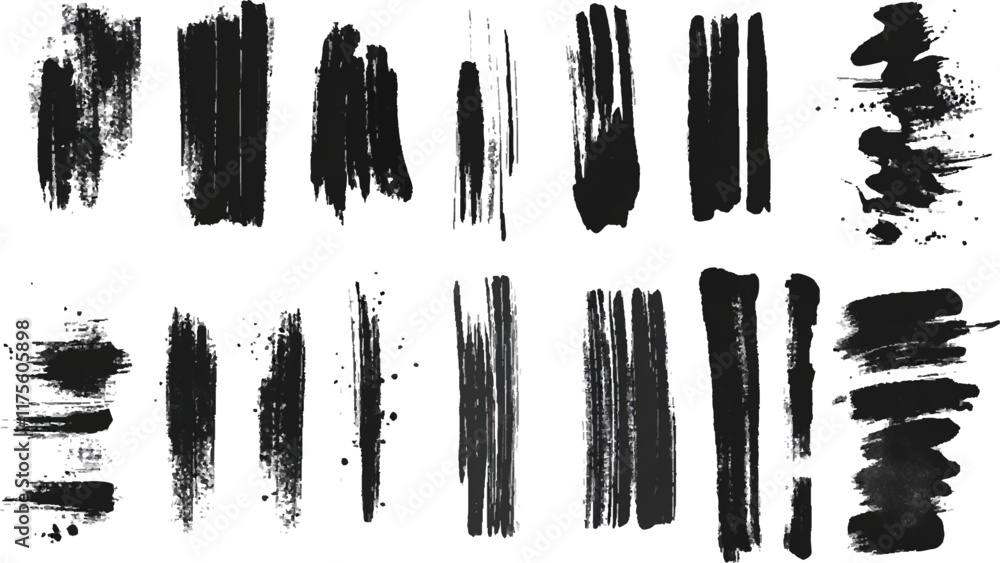 A collection of black and white brush strokes on a white background. Collection of abstract black paint brush strokes in a minimalist style. Strokes of black paint, brush, roller, spatula. Collection A collection of black and white brush strokes on a white background. Collection of abstract black paint brush strokes in a minimalist style. Strokes of black paint, brush, roller, spatula. Collection