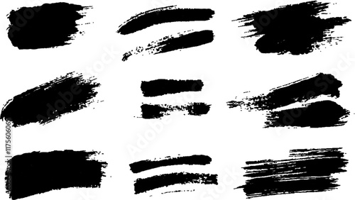 Black paint brush strokes on a white background, Collection of brush strokes , Vector grunge brushes ,dirty textures of banners, boxes, frames, Painted objects isolated on white background