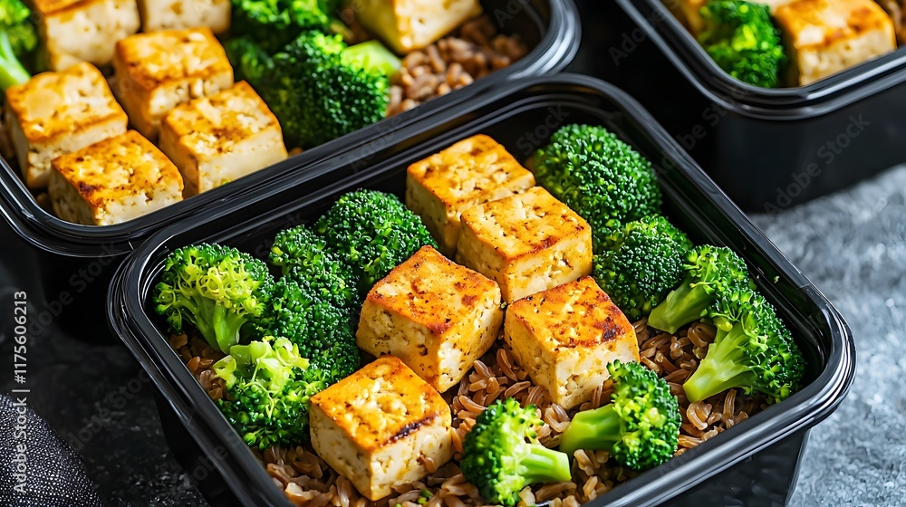 Fresh, healthy meal prep featuring tofu and broccoli served over grains in black containers, ideal for balanced nutrition. Fresh, healthy meal prep featuring tofu and broccoli served over grains in black containers, ideal for balanced nutrition.