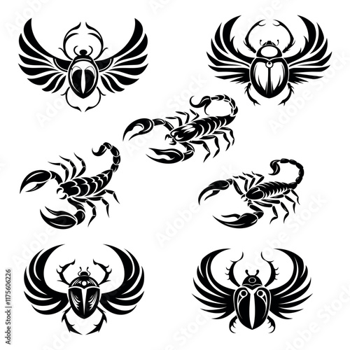 
set of scarab beetle and scorpion icons isolated on white background