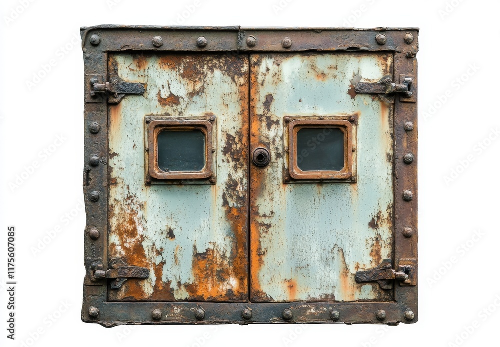 Naklejka premium Rusty Metal Double Door with Small Windows on White Background