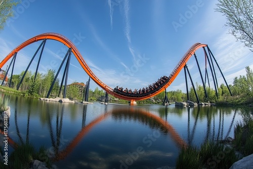 Exciting roller coasters with vibrant tracks and cheerful riders under a bright sky. Amusement Park. AI generated image