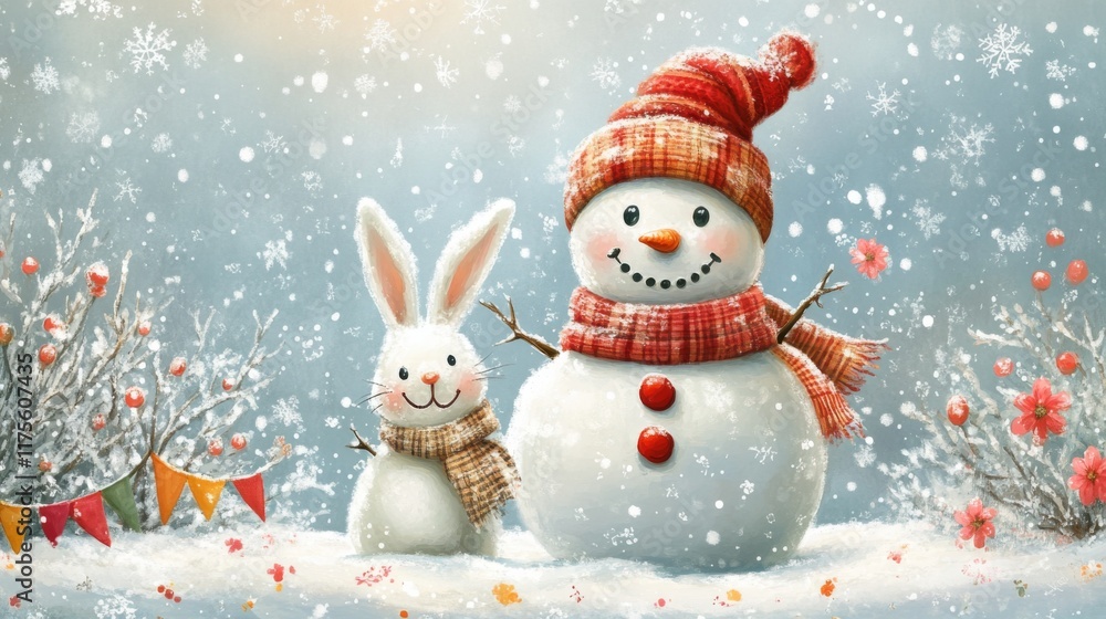 Festive Snowman and Bunny in Winter Wonderland Festive Snowman and Bunny in Winter Wonderland