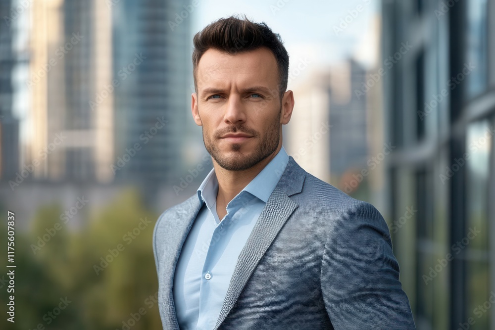 Confident caucasian adult male in blue suit posing outdoors in urban setting. Confident caucasian adult male in blue suit posing outdoors in urban setting.