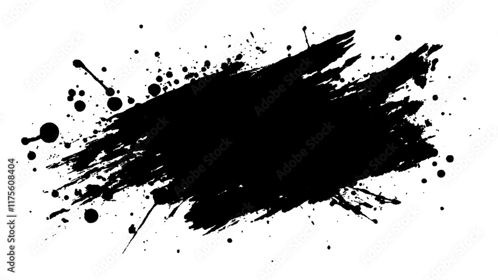 Naklejka premium Abstract black paint splatter on white background. Stylish, grunge with a rough, worn look in dust and scratches on a white background. Brush strokes, stain grunge isolated on white background, 