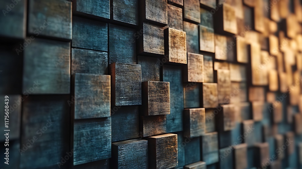 Wooden square tiles forming a soft textured timber wall in a 3D abstract design Wooden square tiles forming a soft textured timber wall in a 3D abstract design