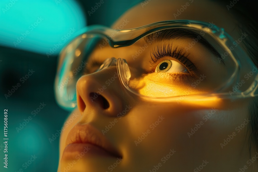 Female with protective eyewear in focused light. Female with protective eyewear in focused light.