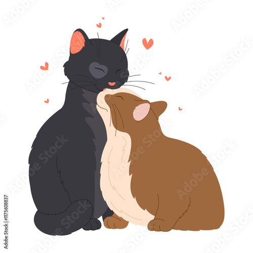 Vector illustration of two loving cats cuddling with hearts floating around. Perfect for Valentine's Day, pet-themed designs, or expressing love and friendship.