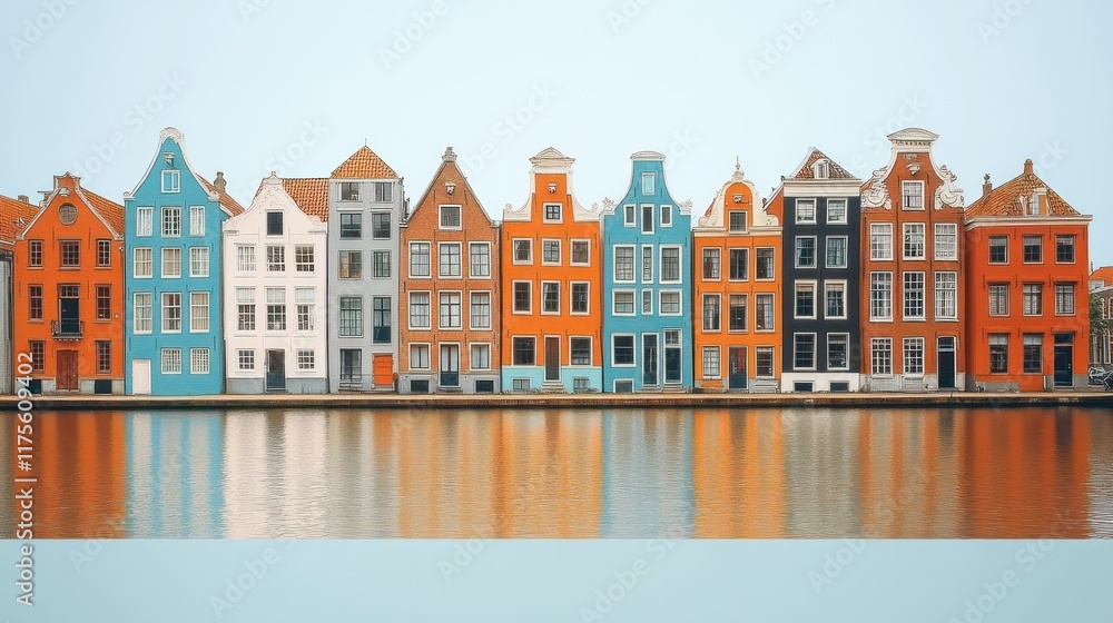 Obraz premium Colorful European canal houses reflecting on water.