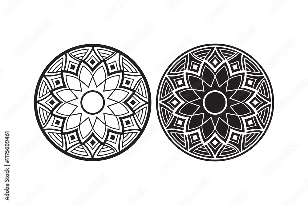 Rangoli mandala design vector silhouette, Mandala design concept of Rangoli with flower petals, circles and Leaves is in black and white background Rangoli mandala design vector silhouette, Mandala design concept of Rangoli with flower petals, circles and Leaves is in black and white background