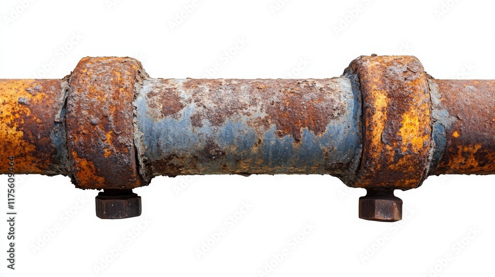 Rusty Metal Pipe Section Showing Extensive Corrosion on White Background. Rusty Metal Pipe Section Showing Extensive Corrosion on White Background.