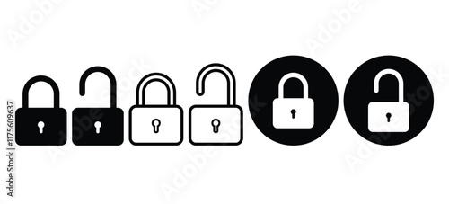 Lock icon set collection. Lock and unlock icon privacy symbol set in black and white color in simple style. Locked and unlocked black Flat security symbol icon collection set. Locker, password icon.