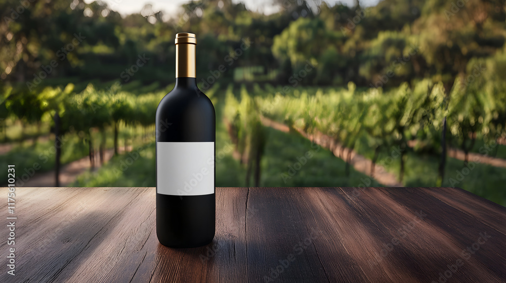 Fototapeta premium Mockup of a wine bottle with a blank label set on a rustic wooden table in a vineyard.