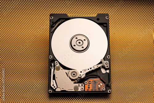 Hard disk interno aperto con sfondo oro 05 verticale