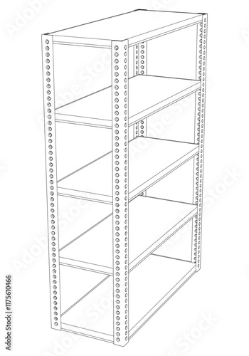 Metal Shelf Line Art Vector Illustration on White Background. Simple Yet Detailed Design for Industrial, Warehouse, and Home Storage